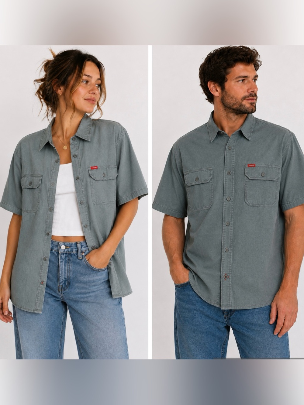 Wrangler Utility Button Front Work Shirt Gray Sage L Cotton Blend Short Sleeve